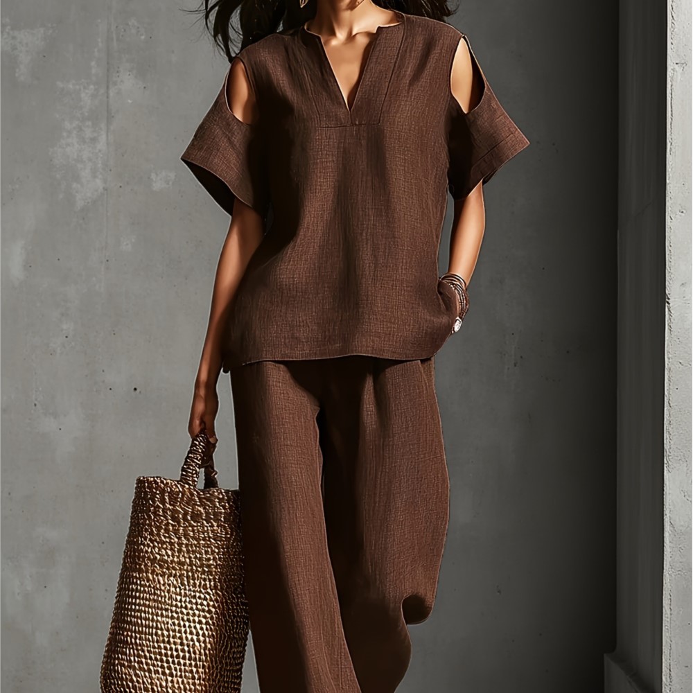 Linen Pant Wide - بدلة نسائية صيفية كاجوال من قطعتين