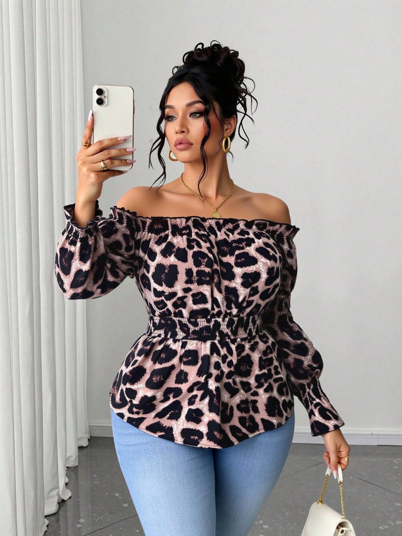 Blouse Off Shoulder - بلوزة نسائية بمقاسات كبيرة بطبعة الفهد،
