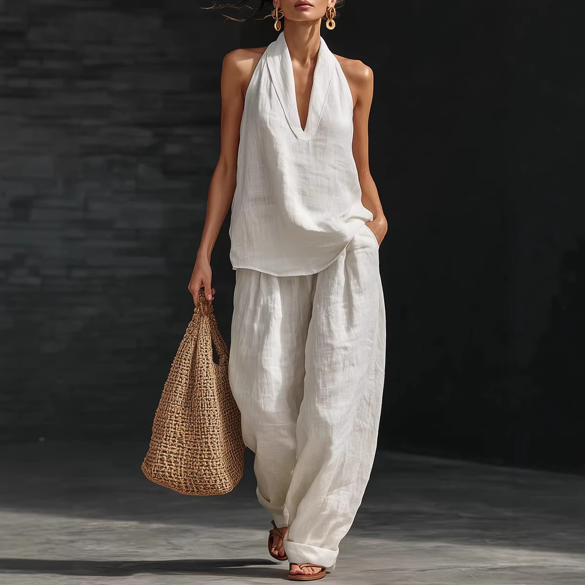 طقم صيفي من القطن والكتان بتصم - مراجعة Linen Pant Wide وسعره