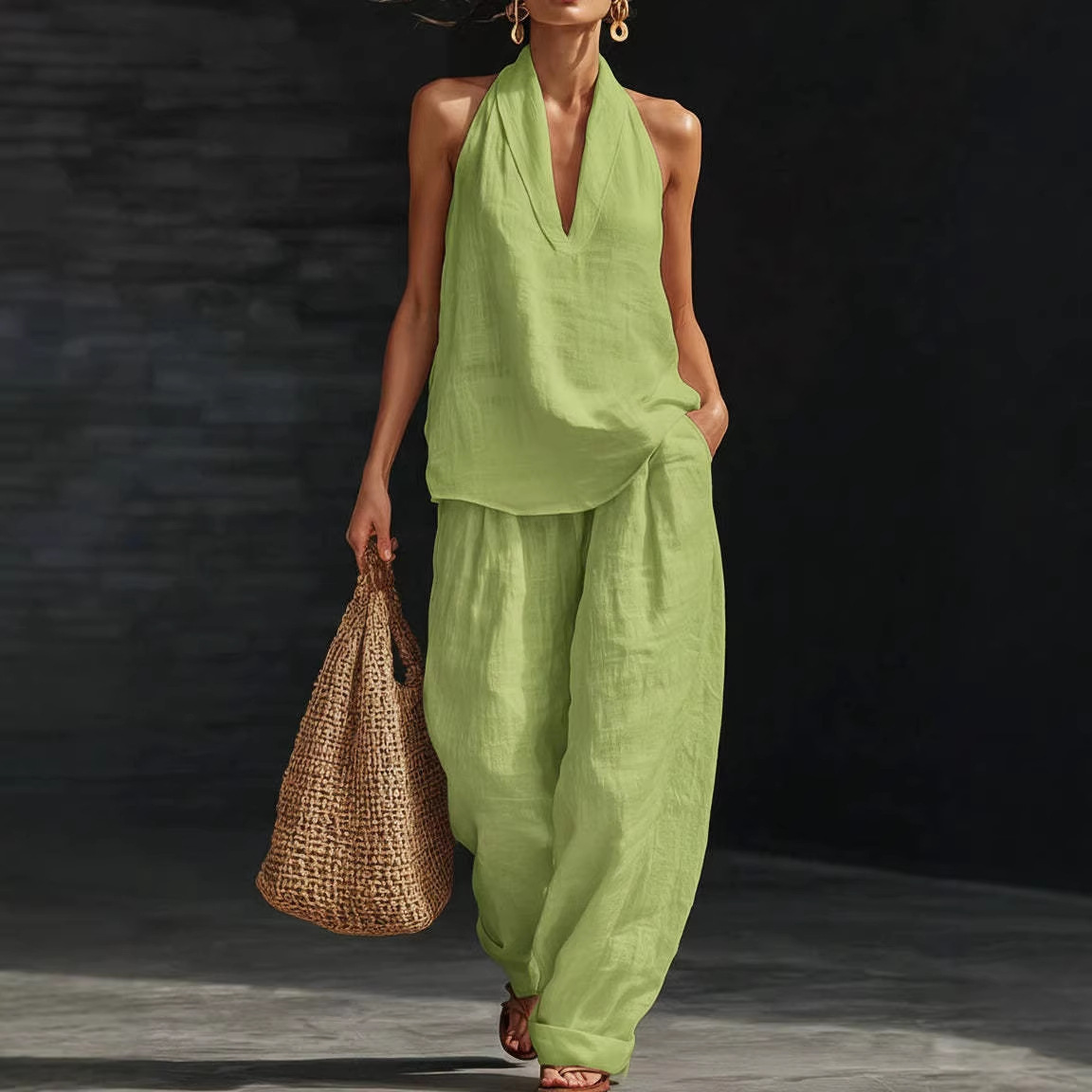طقم صيفي من القطن والكتان بتصم - مراجعة Linen Pant Wide وسعره